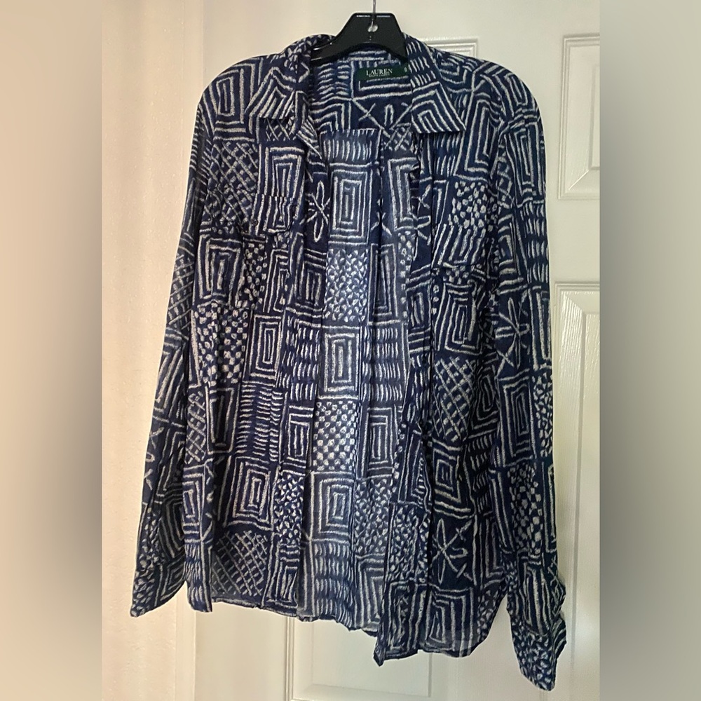 Ralph Lauren Navy and White Geometric Button-Down Shirt
